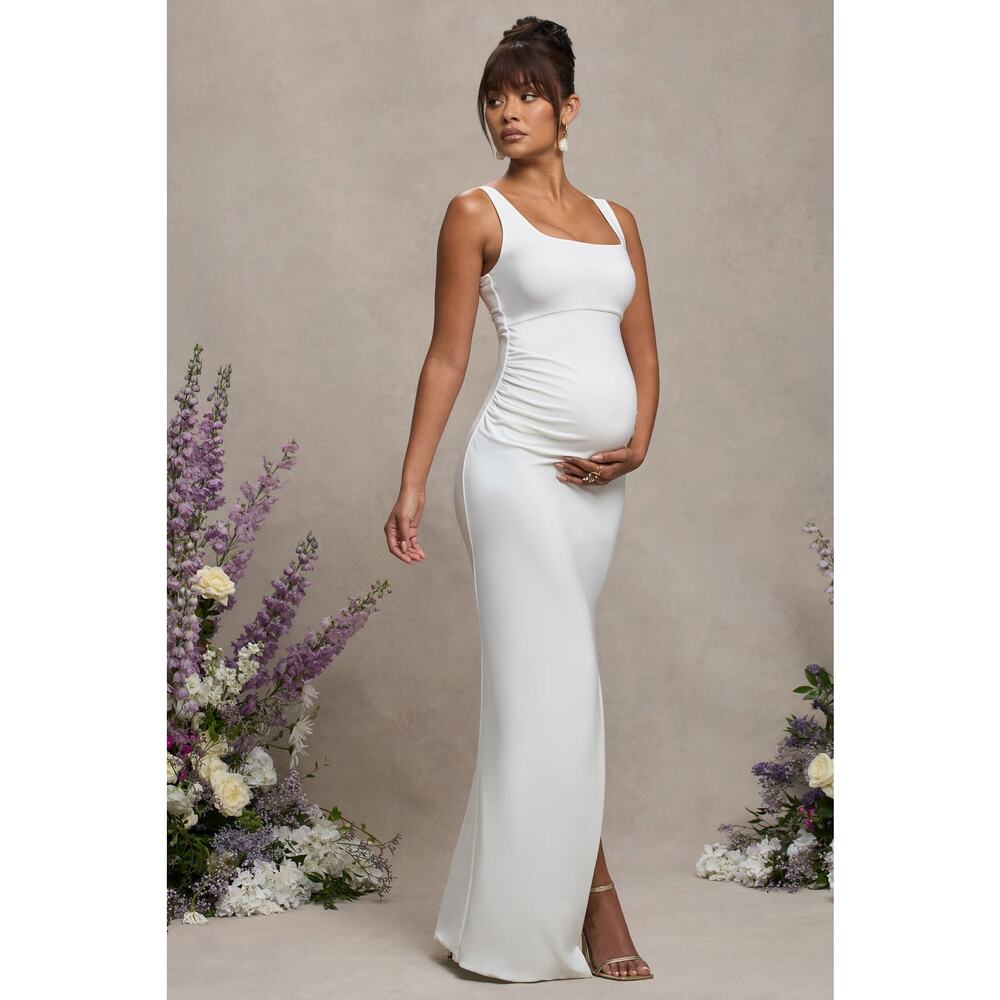 NWT Club L London Womens 6 Avril White Square Neck Maternity Maxi Dress Split
